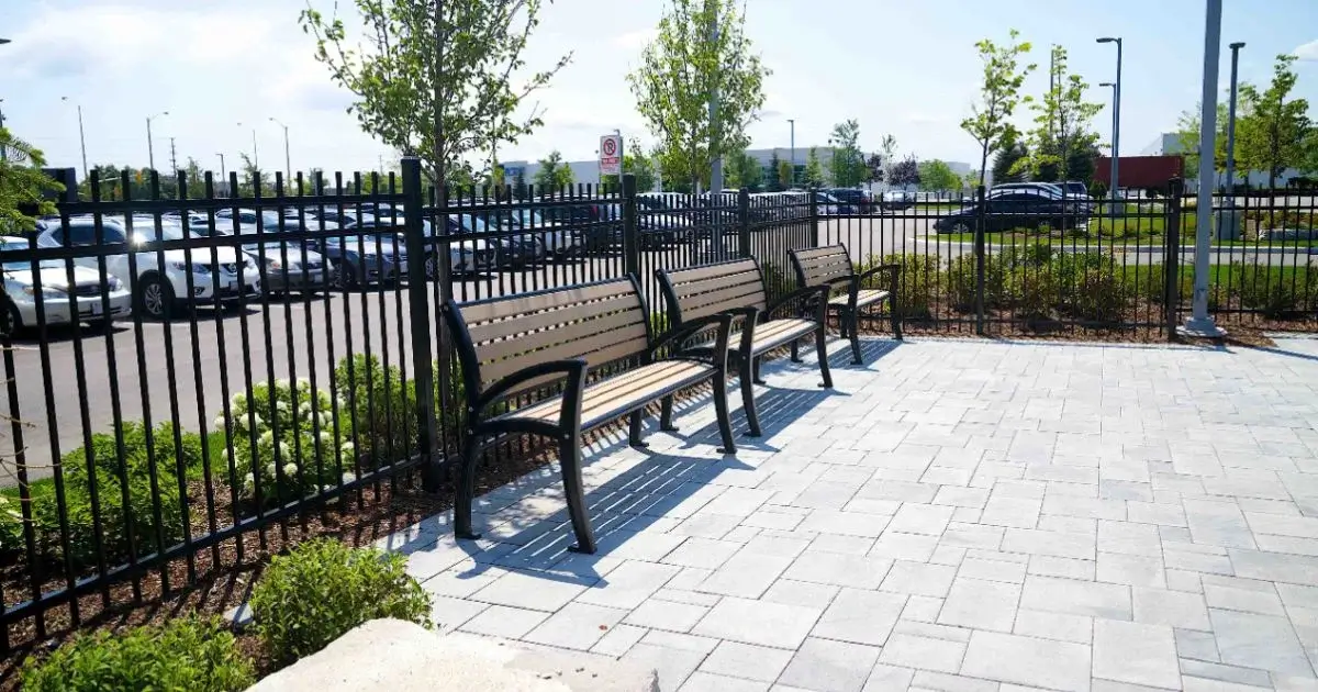 Outdoor benches in a business courtyard.